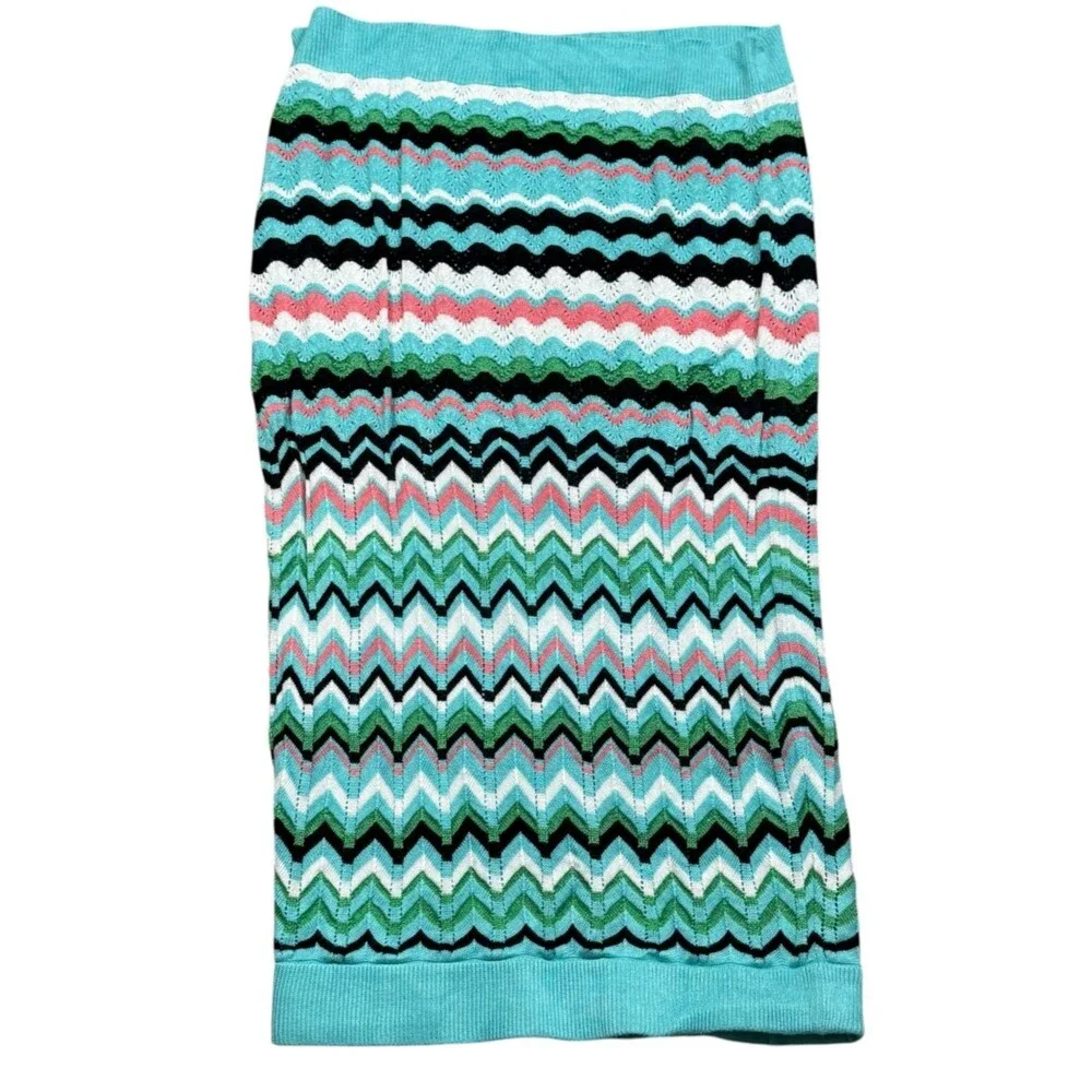 New York Company 7th Avenue Chevron Knit Midi Skirt Small Blue Boho Chic Stretch